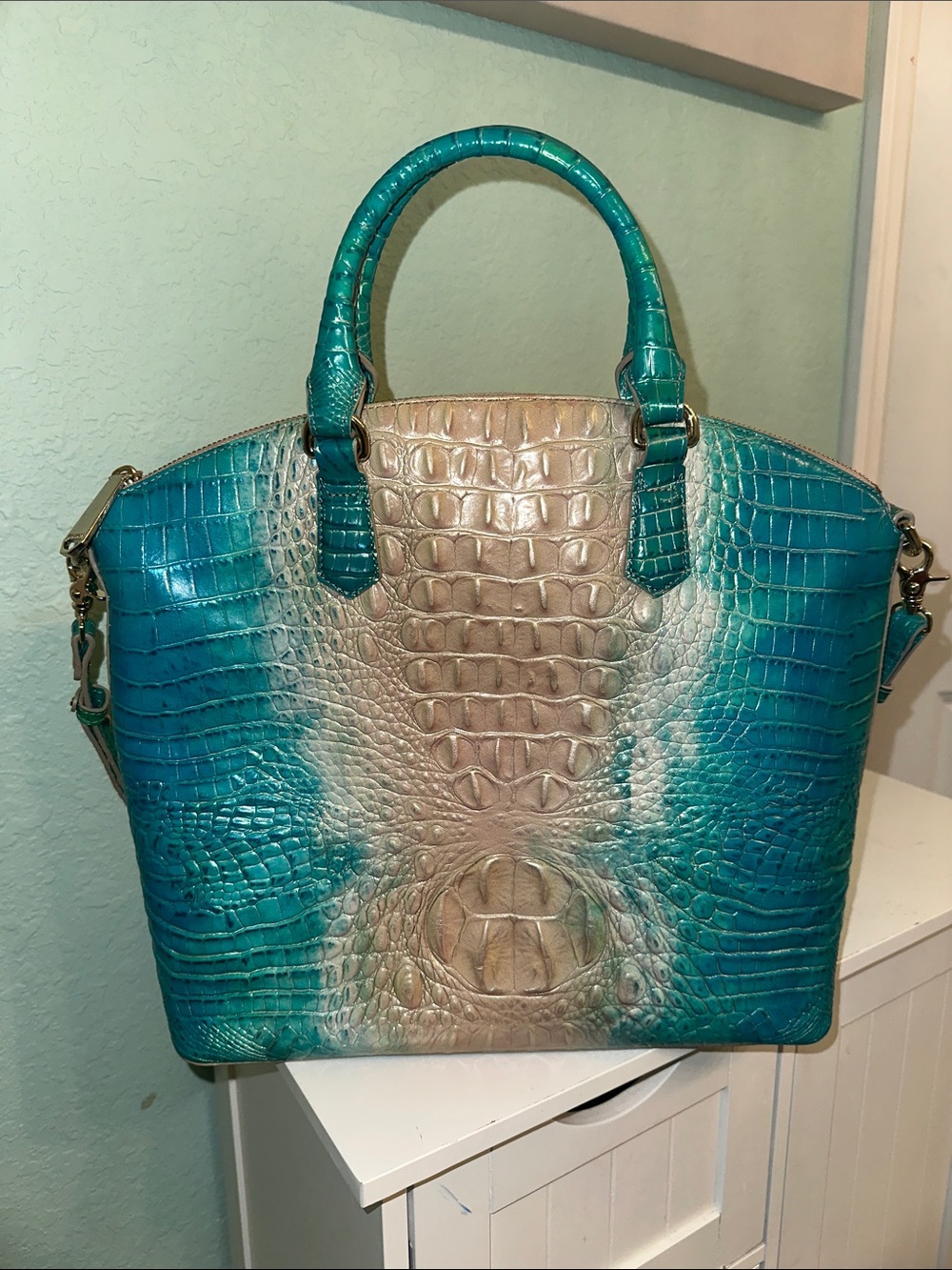 Brahmin Melbourne Large DUXBURY Satchel bag ocean OMBRE Teal Tan Aqua Blue